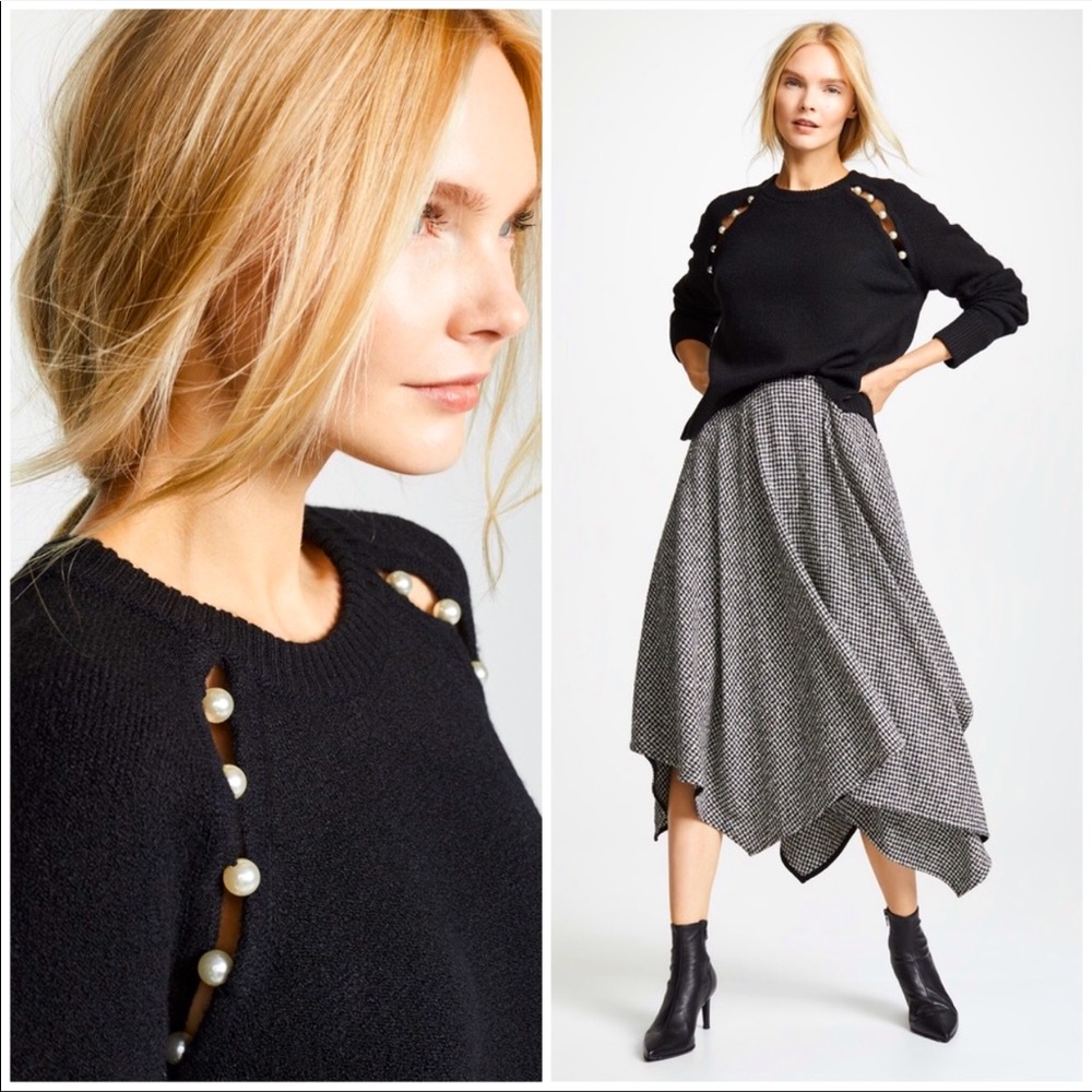 🌟Alice + Olivia Jolynn Pearl Wool-blend Blouse Black Sweater Size S🌟